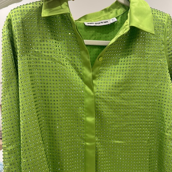 Self Portrait Rhinestone Embellished Satin Shirt Crystal Peridot Green US sz 2